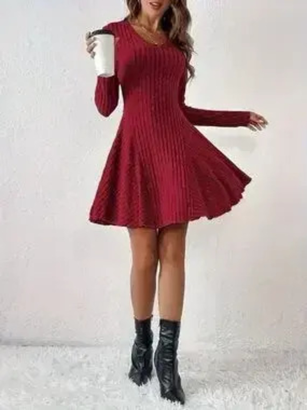 V-Neck Ribbed Knit Flared Knit Dress - Picture 8 of 9